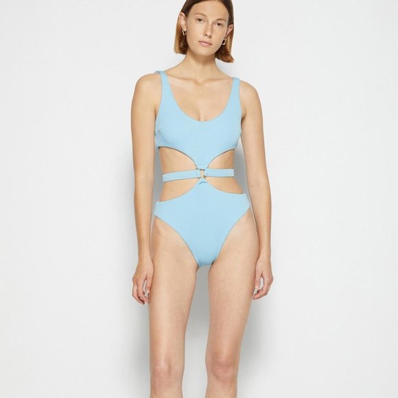 NWT Jonathan Simkhai Emelia Horizon Ribbed Knit  One-Piece Swimsuit Blue Large - Picture 1 of 4